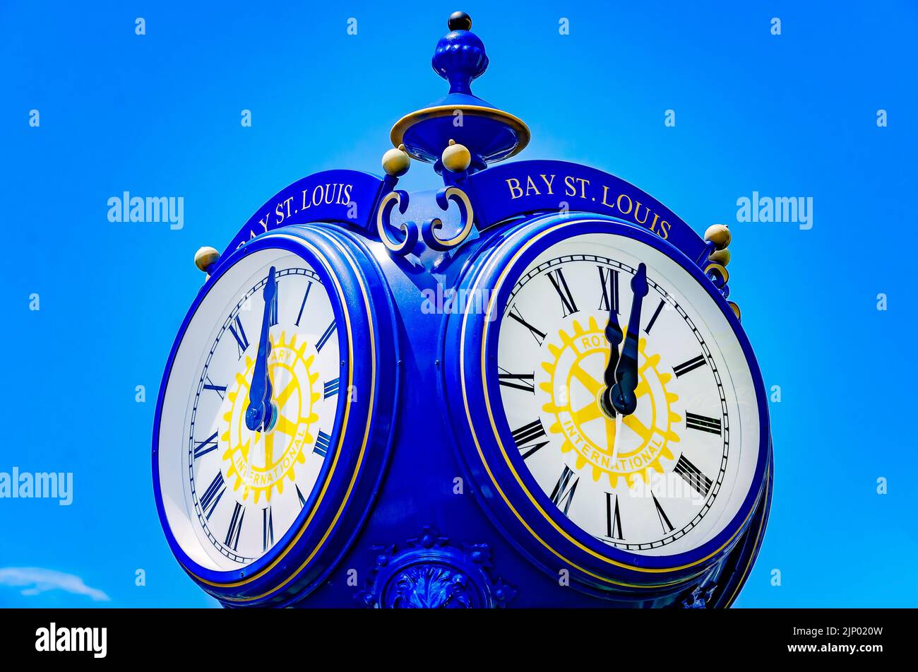 The Bay Saint Louis clock, a four-sided post clock, is pictured, Aug. 13, 2022, in Bay Saint Louis, Mississippi. Stock Photo