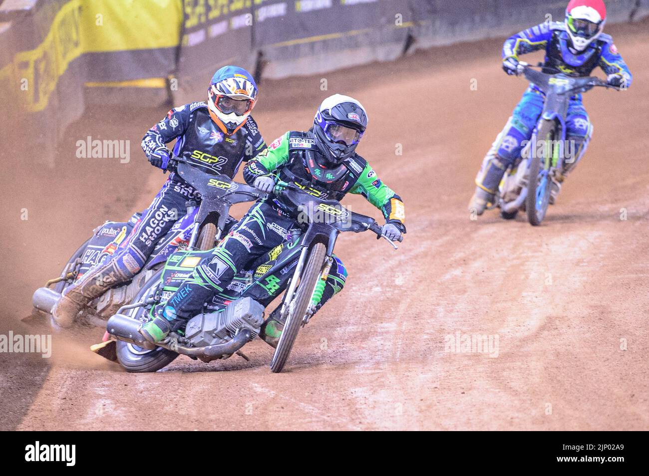 Benjamin Basso (Denmark) leads Jason Edwards (Great Britain) with Petr Chlupac (Czech Republic) (Red) behind during the FIM Speedway Grand Prix 2 of Great Britain at the Principality Stadium, Cardiff on Sunday 14th August 2022. (Credit: Ian Charles | MI News) Credit: MI News & Sport /Alamy Live News Stock Photo