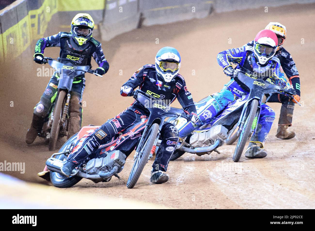 Jan Kvech (Czech Republic) (Blue) leads Petr Chlupac (Czech Republic) (Red), Tom Brennan (Great Britain) (Yellow) and Kevin Juhl Pedersen (Denmark) (White) during the FIM Speedway Grand Prix 2 of Great Britain at the Principality Stadium, Cardiff on Sunday 14th August 2022. (Credit: Ian Charles | MI News) Credit: MI News & Sport /Alamy Live News Stock Photo