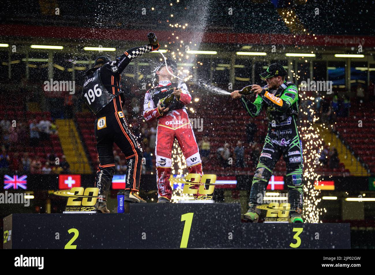 Champagne celebrations during the FIM Speedway Grand Prix 2 of Great Britain at the Principality Stadium, Cardiff on Sunday 14th August 2022. (Credit: Ian Charles | MI News) Credit: MI News & Sport /Alamy Live News Stock Photo