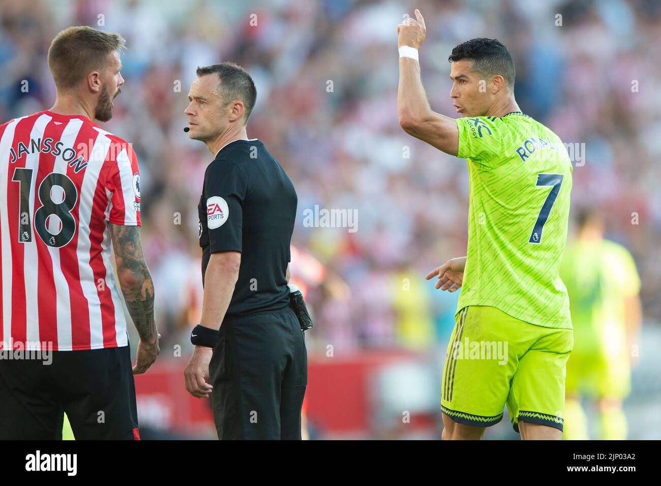 Cristiano Ronaldo of Manchester United argues with Pontus Jansson of Brentford during the Premier League match between Brentford and Manchester United at Gtech Community Stadium, London, POLAND AND ENGLAND on 13 August 2022. Photo by Salvio Calabrese.  Editorial use only, license required for commercial use. No use in betting, games or a single club/league/player publications.  LIGA ANGIELSKA PILKA NOZNA SEZON 2022/2023 FOT. SPORTPHOTO24/NEWSPIX.PL  ENGLAND OUT! --- Newspix.pl Stock Photo