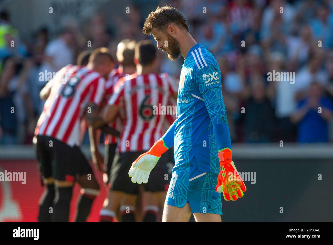 David De Gea of Manchester United looks dejected after the goal scored by Mathias Jensen of Brentford during the Premier League match between Brentford and Manchester United at Gtech Community Stadium, London, POLAND AND ENGLAND on 13 August 2022. Photo by Salvio Calabrese.  Editorial use only, license required for commercial use. No use in betting, games or a single club/league/player publications.  LIGA ANGIELSKA PILKA NOZNA SEZON 2022/2023 FOT. SPORTPHOTO24/NEWSPIX.PL  ENGLAND OUT! --- Newspix.pl Stock Photo