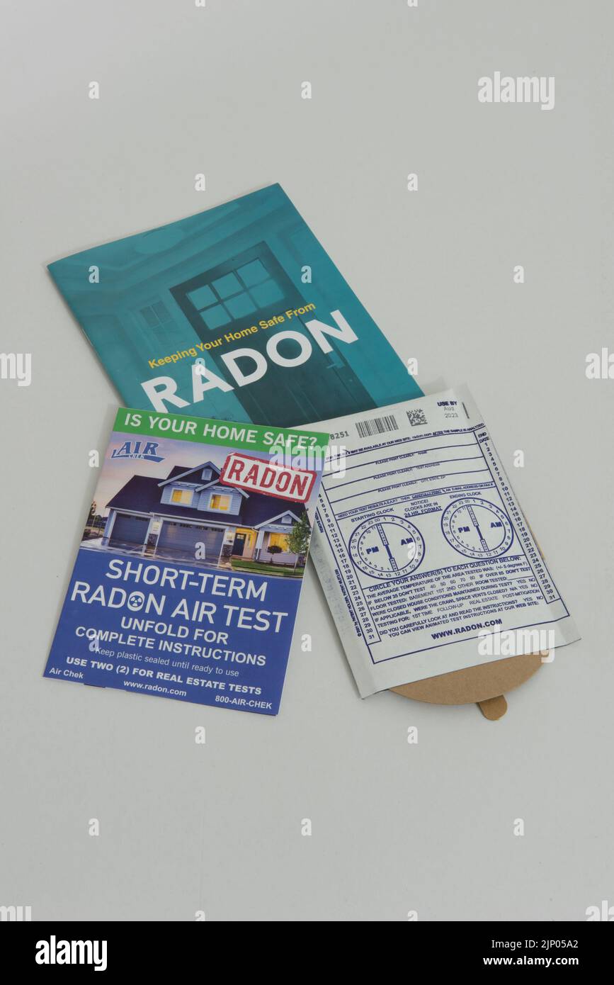 This is a do-it-yourself at home radon test kit for testing the levels of radon in homes and is provided by state health departments. Stock Photo