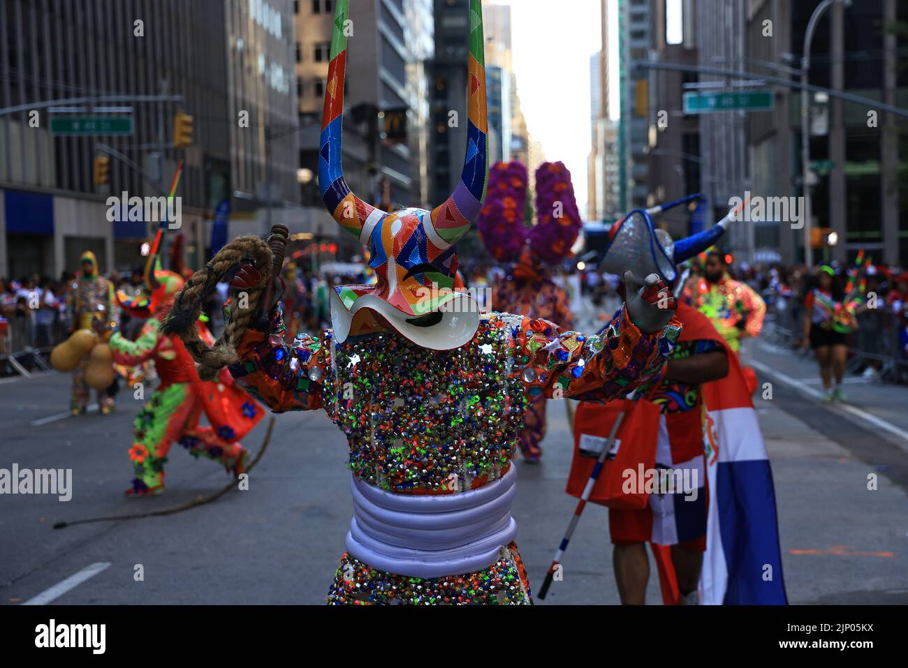 NEW YORK, NEW YORK/USA - AUGUST 14, 2022: Performers march during the annual Dominican Day parade August 14, 2022 in New York City. (Photo: Gordon Donovan) Stock Photo