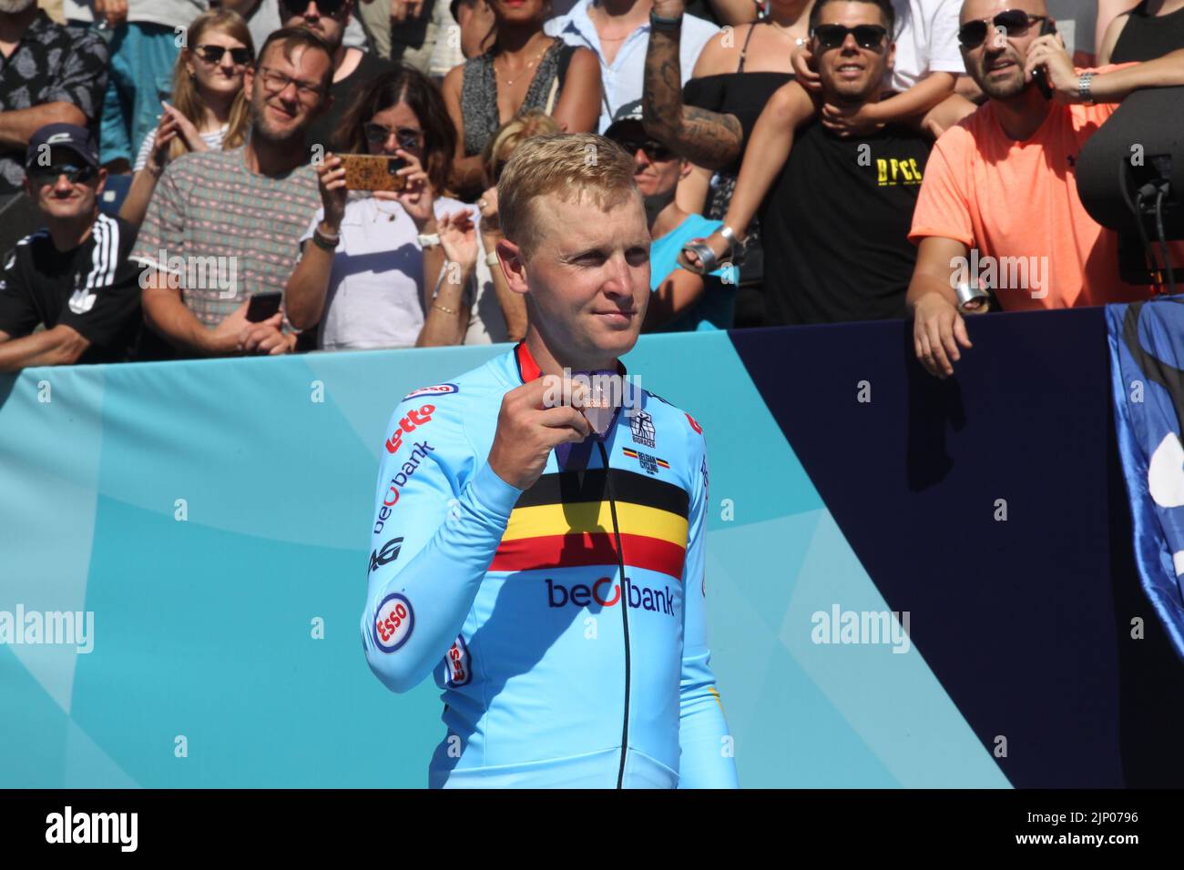 Munich, Germany. 14th Aug, 2022. MUNICH, GERMANY - AUGUST 14: Bronze Medalist Tim Merlier (BEL) during the medal ceremony after the 28th UCI Road Cycling European Championships 2022 - Men's Road Race a 207,9km one day race from Murnau to Munich on August 14, 2022 in Munich, Germany. (Photo by Arthur THILL/ATP Images) (THILL Arthur/ATP/SPP) Credit: SPP Sport Press Photo. /Alamy Live News Stock Photo