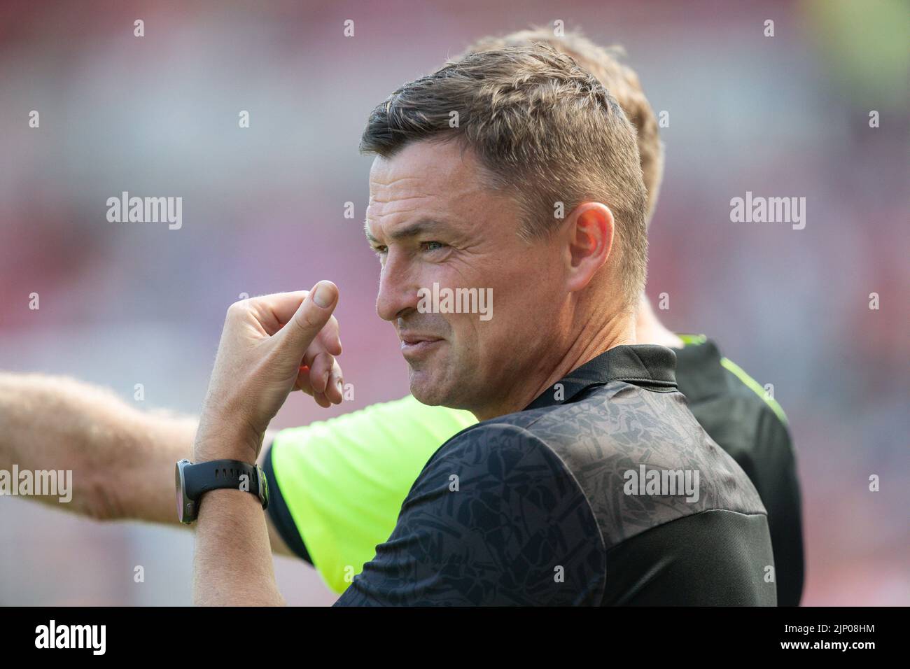 Paul Heckingbottom manager of Sheffield United shares a joke with the forth official during the game Stock Photo