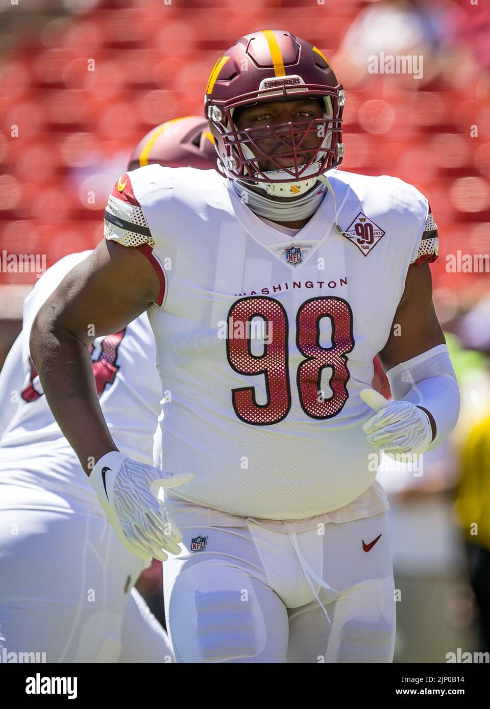 August 13, 2022 : Washington Commanders defensive tackle Phidarian Mathis (98) before the preseason game between the Carolina Panthers and Washington Commanders played at Fed Ex Field in Landover, MD. Photographer: Cory Royster Stock Photo