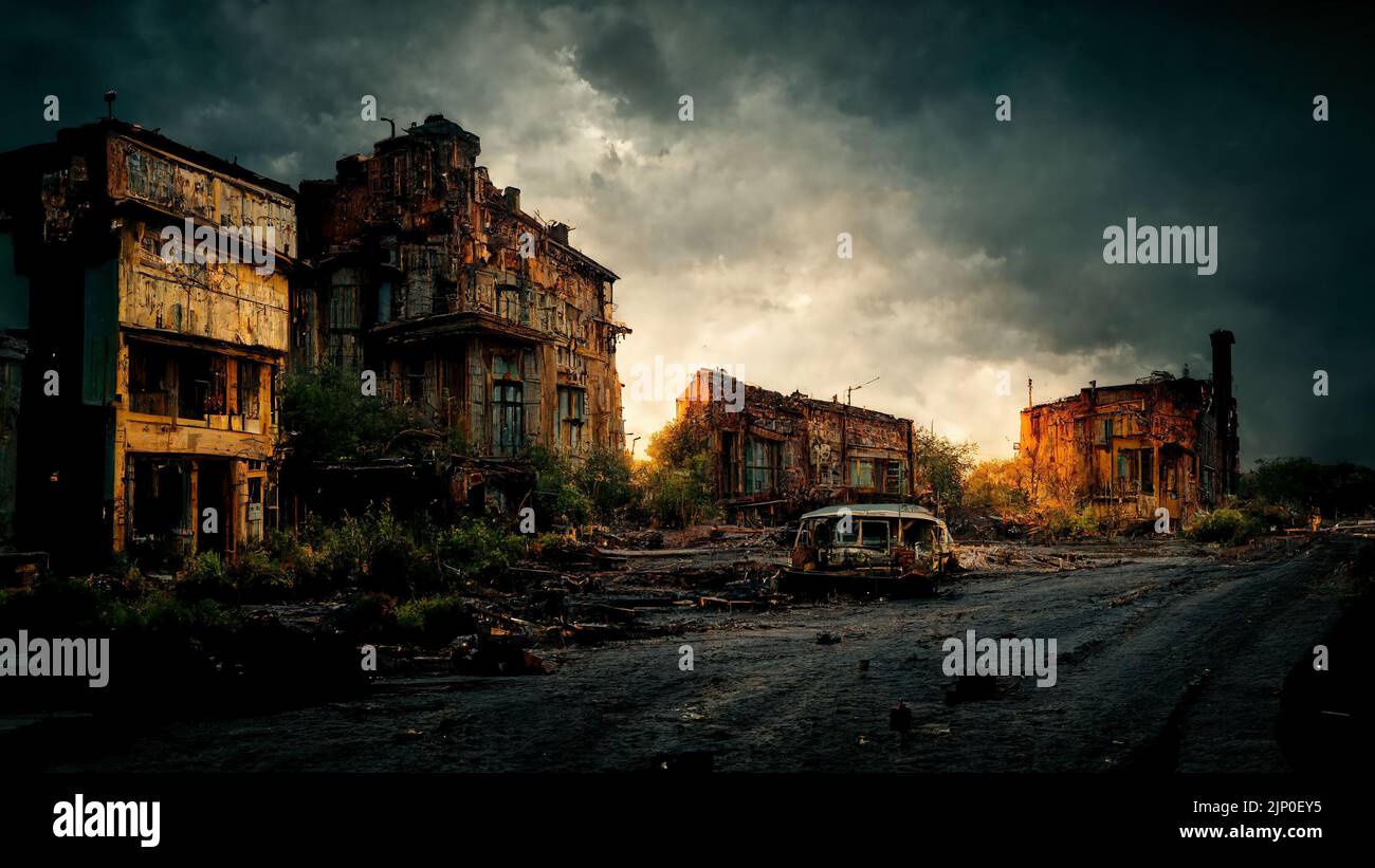 Fictive computer-generated image of an abandoned town. Stock Photo