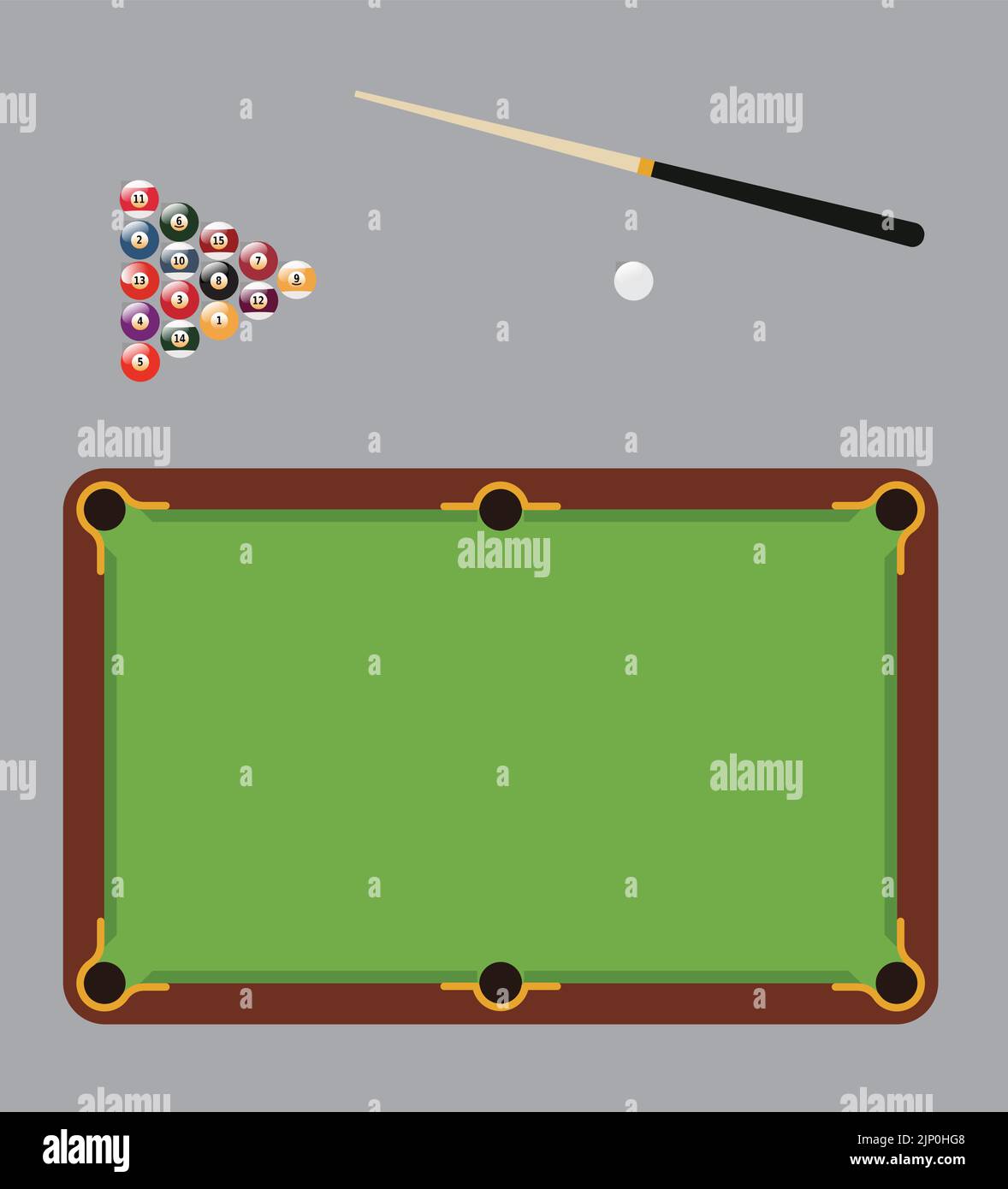 billiard table in a top view with a full set of sticks and balls Stock
