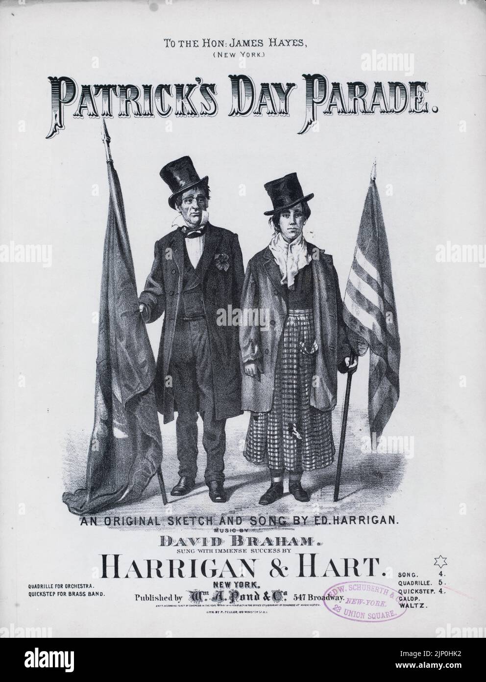 Patrick's Day Parade, Sketch and Song by Edward Harrigan, Music by David Braham, Sung with success by Harrigan and Hart, Published by William A. Pond and Company (1874) Sheet music cover Stock Photo