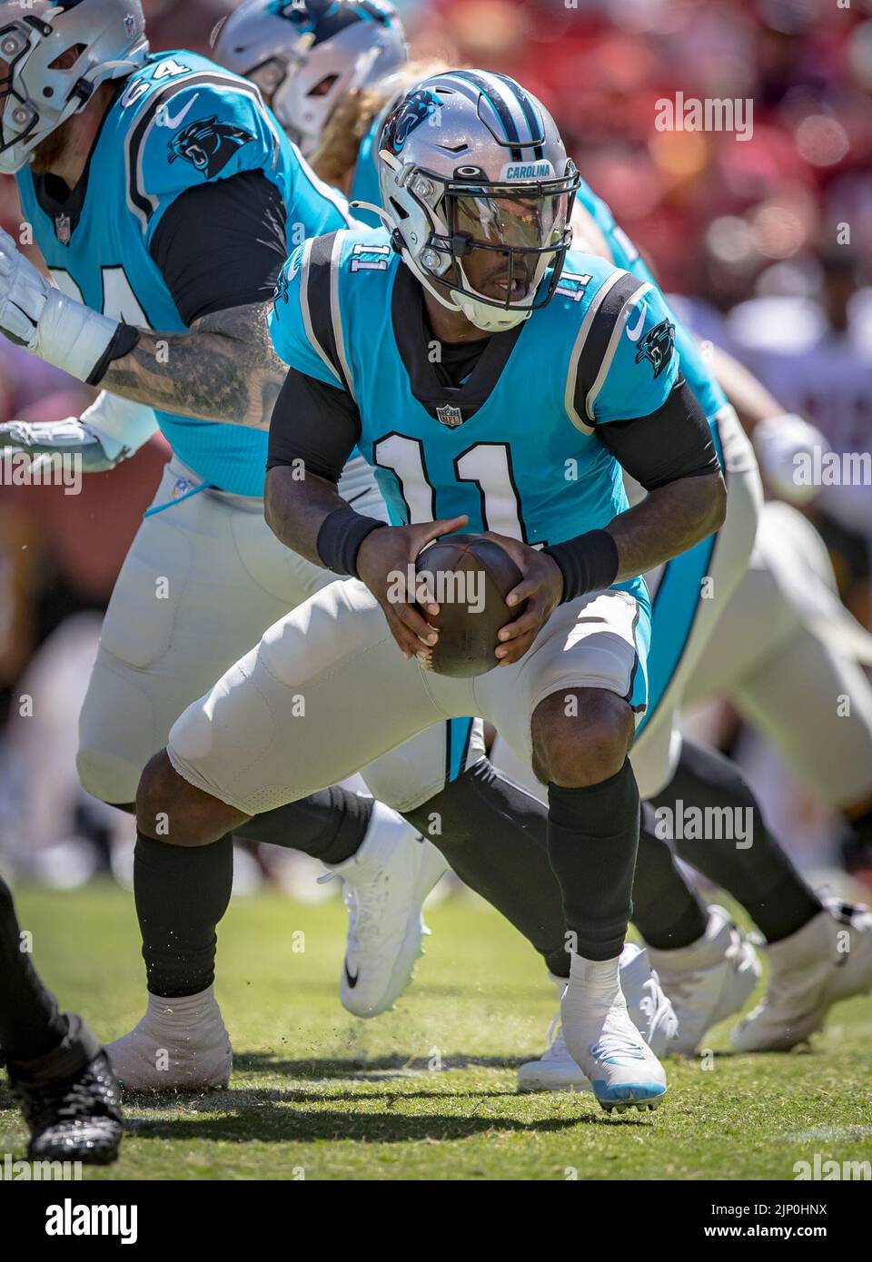 August 13, 2022 : Carolina Panthers quarterback PJ Walker (11) drops back during the preseason game between the Carolina Panthers and Washington Commanders played at Fed Ex Field in Landover, MD. Photographer: Cory Royster Stock Photo