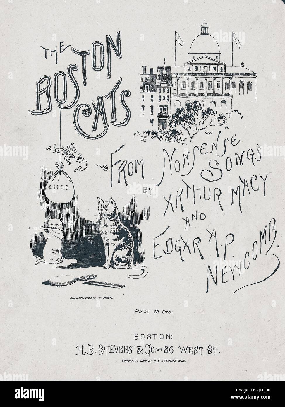 The Boston Cats, Composed by Edgar Allan Poe Newcomb, Lyrics by Arthur Macy, Published by H. B. Stevens (1890) Sheet music cover Stock Photo