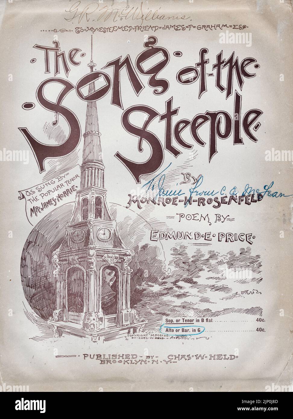 The Song of the Steeple, by Monroe H. Rosenfeld, Poem by Edmund E. Price, Published by Chas. W. Held (1890) Sheet music cover Stock Photo