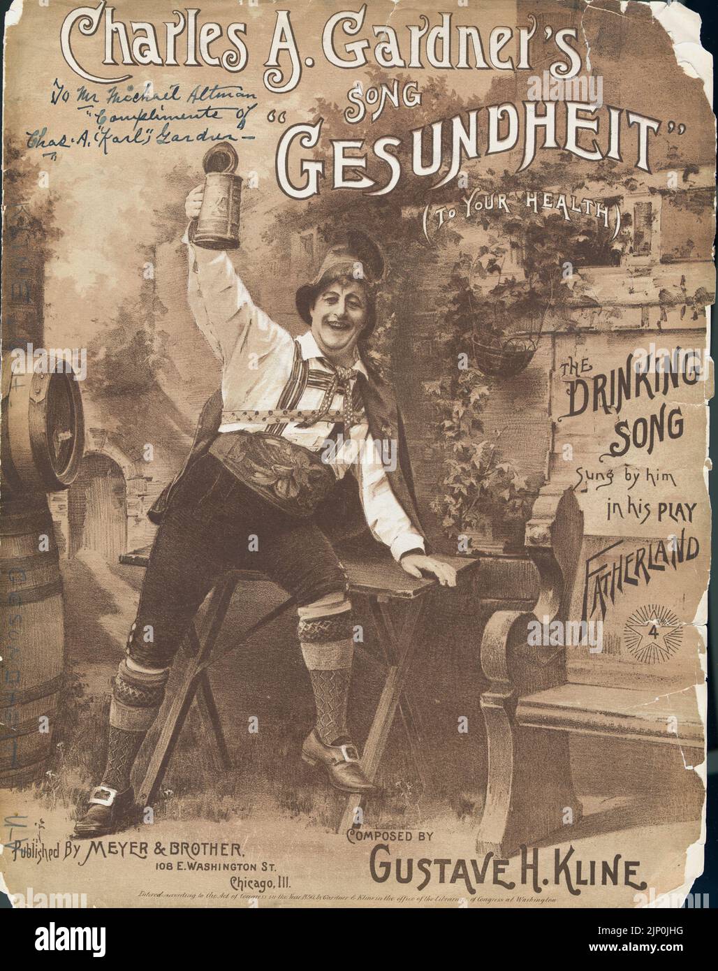Gesundheit (To your health), Composed by Gustave H. Kline, Lyrics by Marion May, The Drinking Song Sung by Charles A. Gardner in his play Fatherland, Published by Meyer and Brother (1890) Sheet music cover Stock Photo