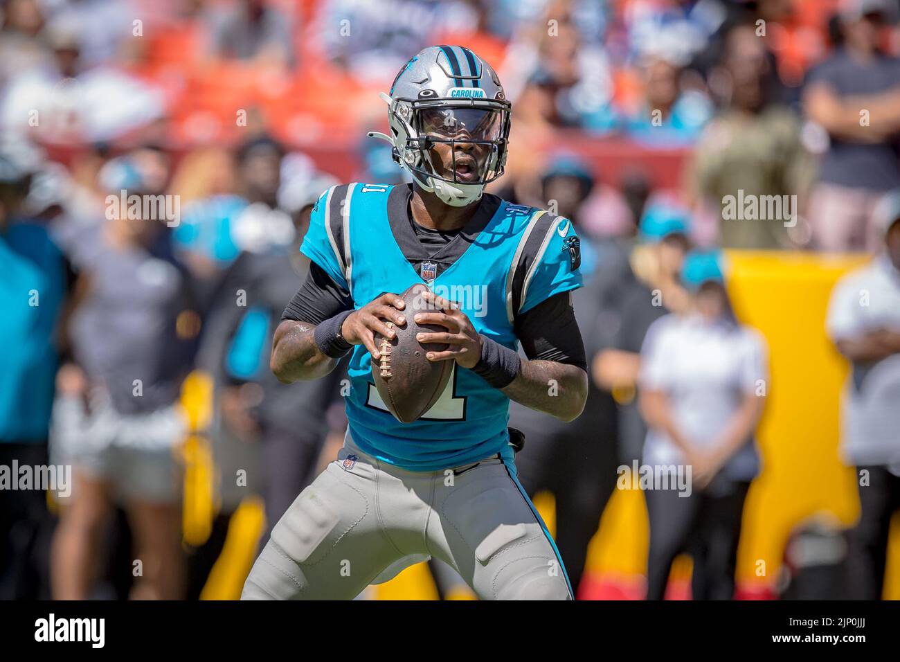 August 13, 2022 : Carolina Panthers quarterback PJ Walker (11) drops back to pass during the preseason game between the Carolina Panthers and Washington Commanders played at Fed Ex Field in Landover, MD. Photographer: Cory Royster Stock Photo