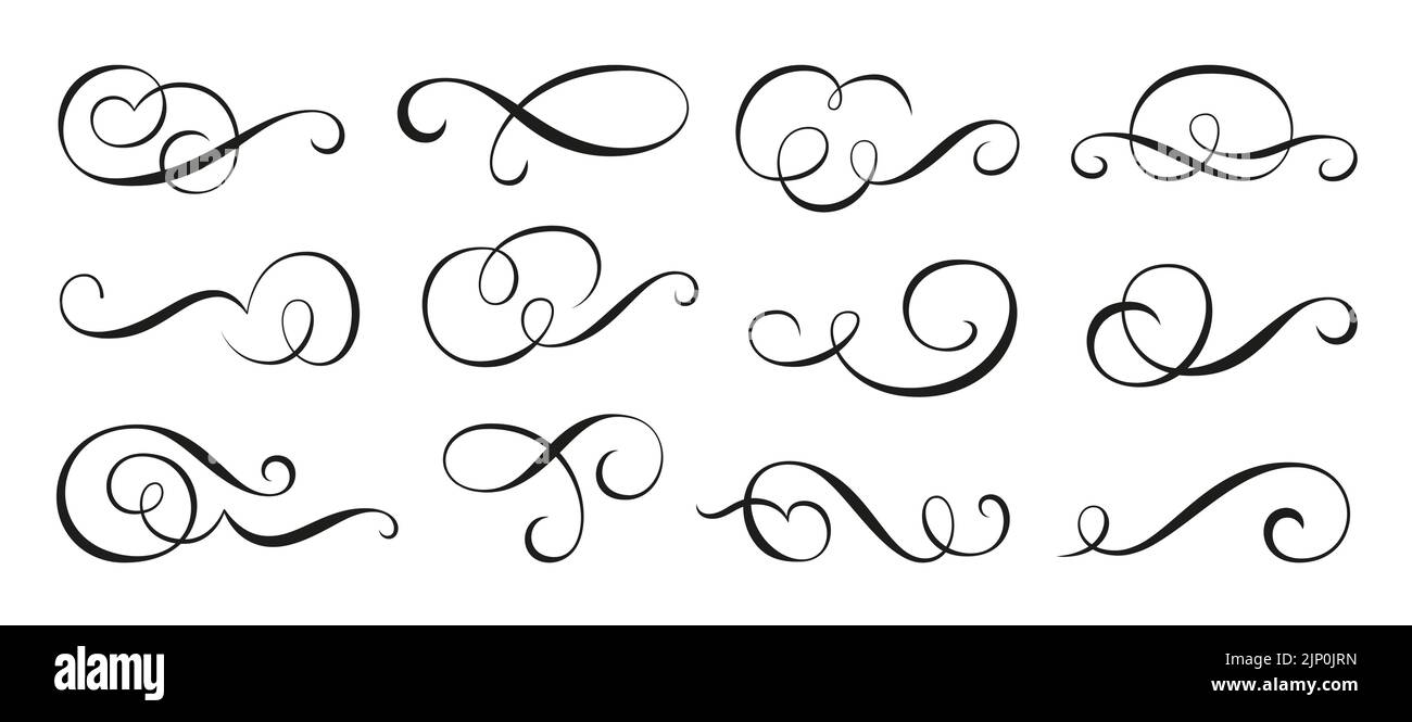 Curlicued Vintage swirl ornament, linear flourish set. Filigree calligraphic ...