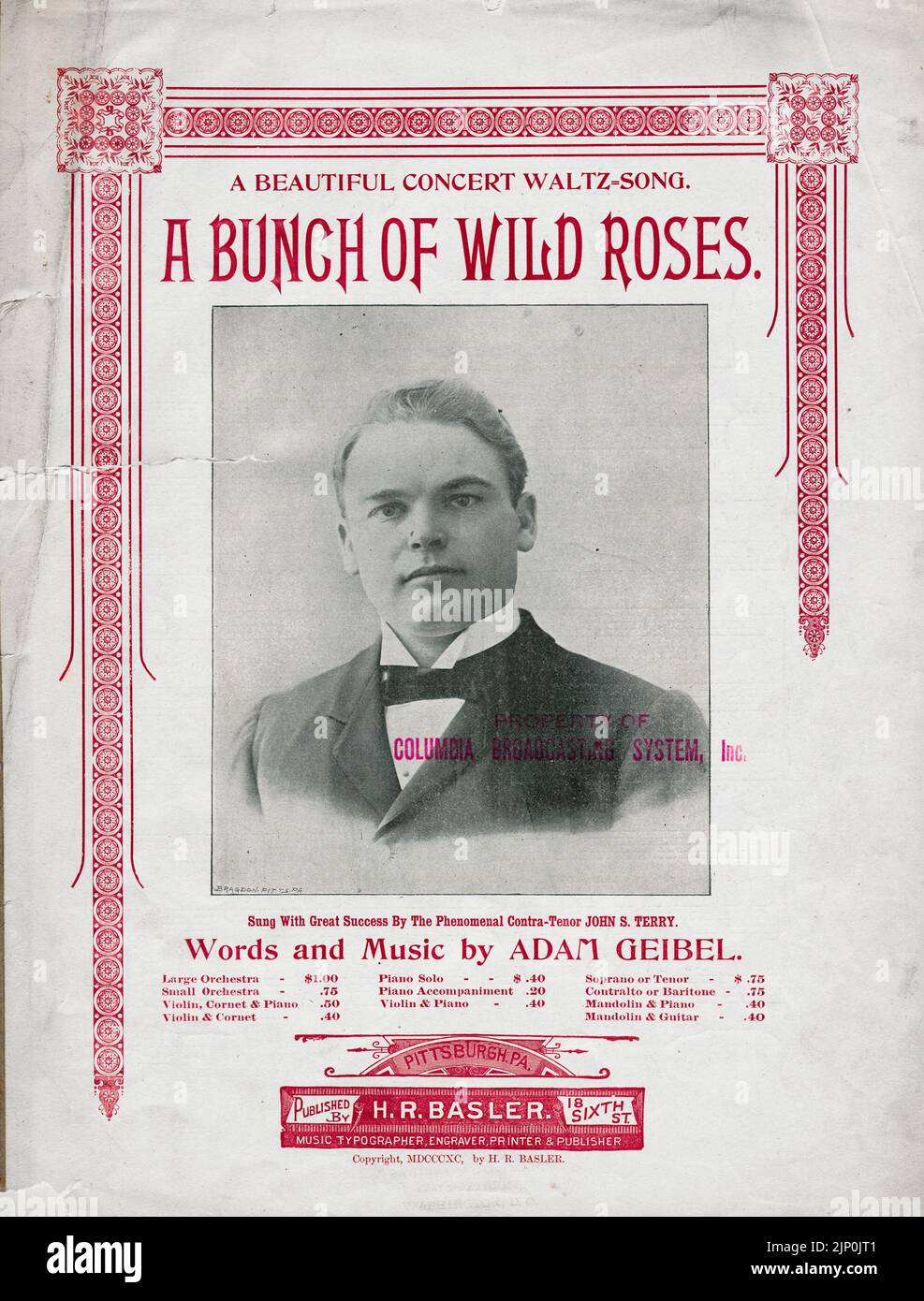 A Bunch of Wild Roses, Words and Music by Adam Geibel, Sung by John S. Terry, Published by H. R. Basler (1890) Sheet music cover Stock Photo