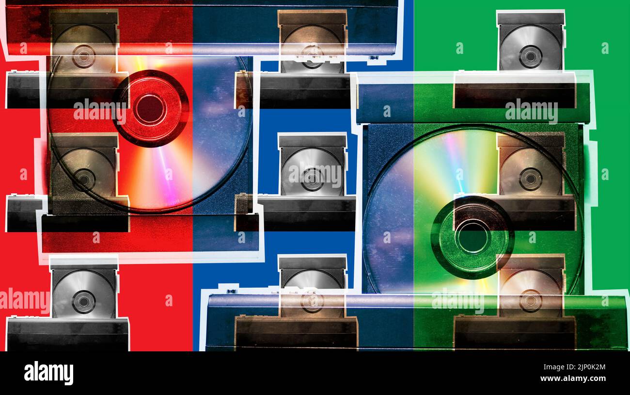 Pattern collage of dirty retro styled dvd player with disk. mozaic