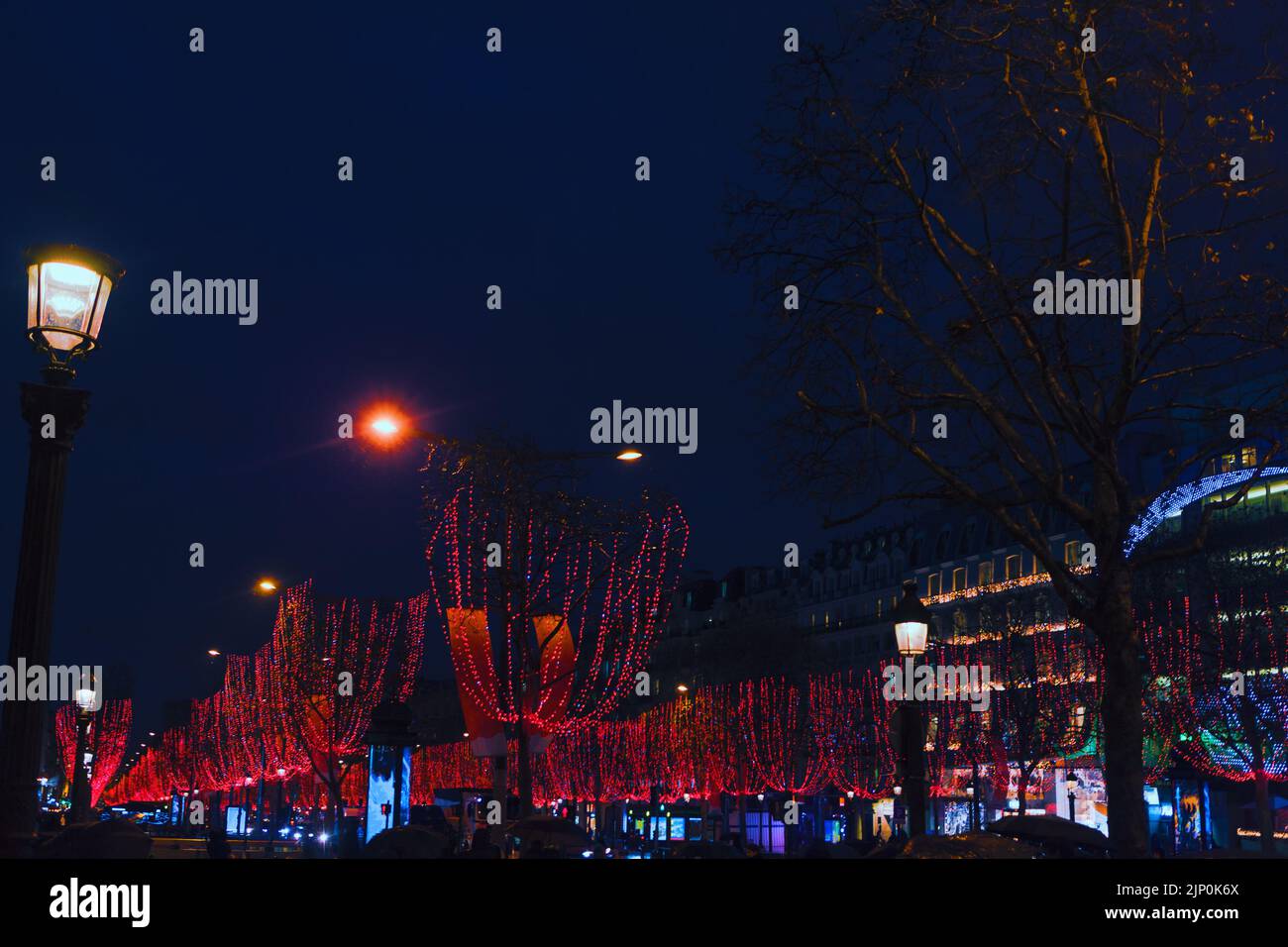 Parisian street in Christmas Night . Paris New Year illumination