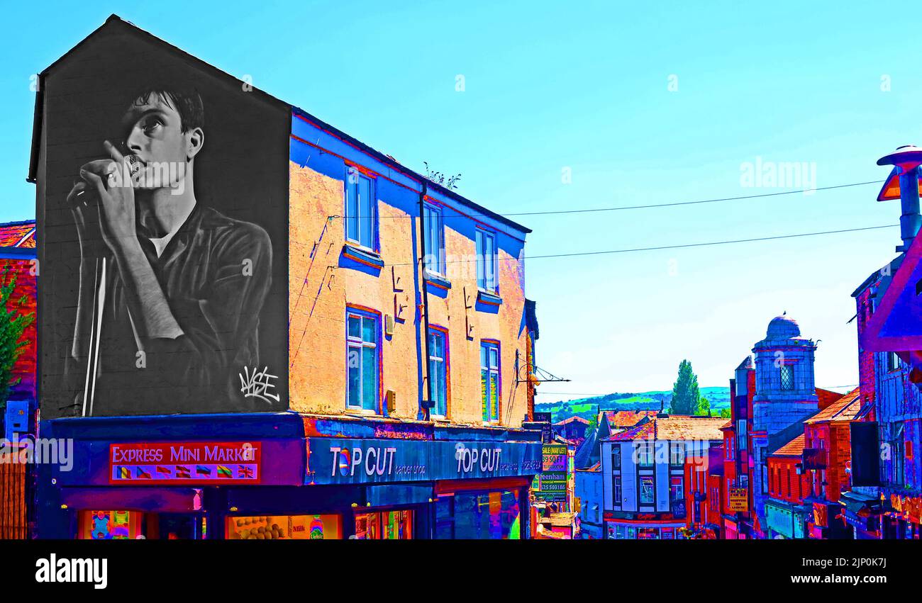 Ian Curtis, singer of Joy Division mural by Aske, Manchester-based street artist, Mill Street, Macclesfield, Cheshire, England, UK,SK11 6NN Stock Photo