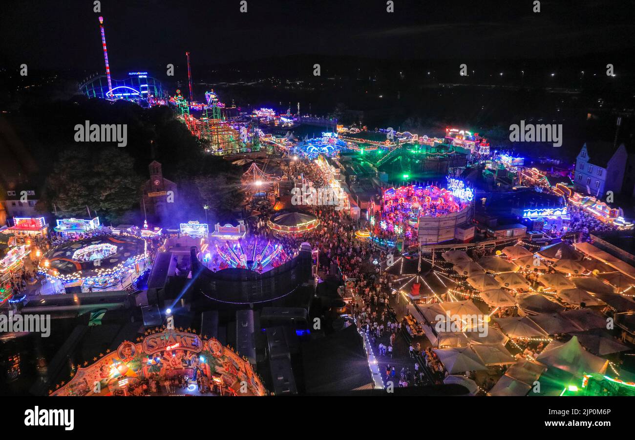 Herne, NRW, Germany. 14th Aug, 2022. Parts of the fair from above. Cranger Kirmes, Germany's 3rd largest funfair with a tradition dating back to the middle ages, has returned to pre-pandemic visitor numbers with more than 3.9m attending in hot, sunny weather, enjoying the rides, rollercoasters, beer halls, food and drink. The funfair concluded tonight with fireworks over the nearby Rhine-Herne Canal. Credit: Imageplotter/Alamy Live News Stock Photo