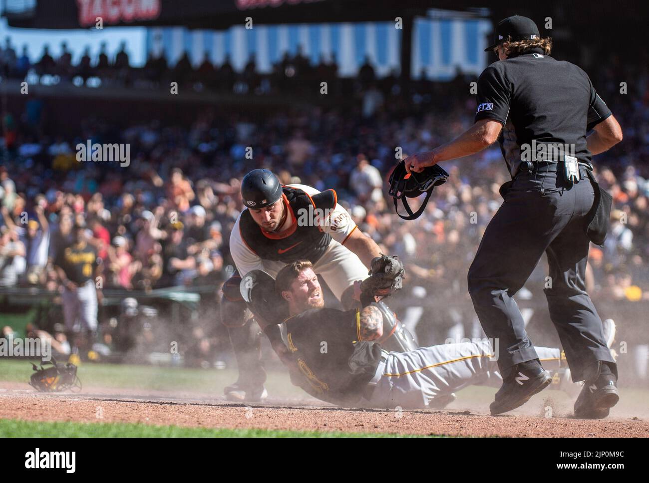 San Francisco, USA. August 14 2022 San Francisco CA, U.S.A. Pittsburgh left fielder Ben Gamel (18) into home during MLB NL west game between the Pittsburgh Pirates and the San Francisco Giants. The Giants beat the Pirates 8-7 at Oracle Park San Francisco Calif. Thurman James/CSM Credit: Cal Sport Media/Alamy Live News Stock Photo