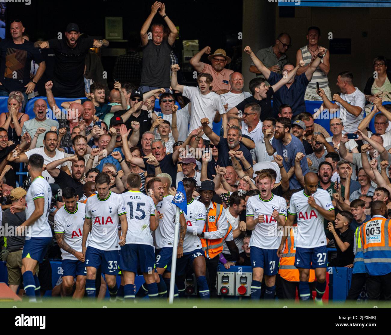 London, UK. 15th Aug, 2022. Tottenham Hotspur's Harry Kane (C) celebrates after scoring his side's second equalising goal during the English Premier League match between Chelsea and Tottenham Hotspur in London, Britain, on Aug. 14, 2022. The game ended in a 2-2 draw. Credit: Xinhua/Alamy Live News Stock Photo