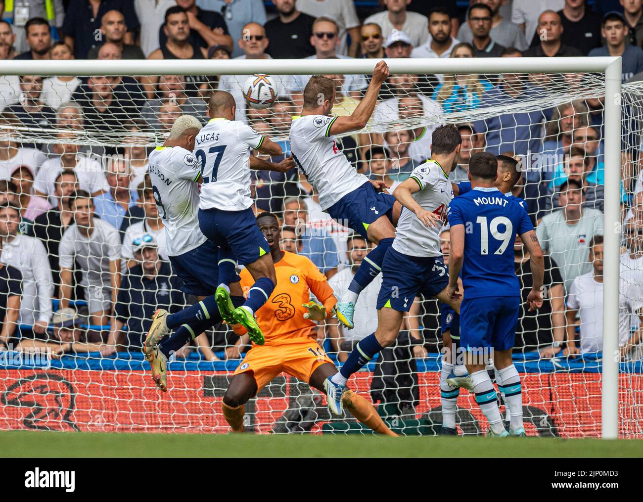 London, UK. 15th Aug, 2022. Tottenham Hotspur's Harry Kane (C) scores his side's second equalising goal during the English Premier League match between Chelsea and Tottenham Hotspur in London, Britain, on Aug. 14, 2022. The game ended in a 2-2 draw. Credit: Xinhua/Alamy Live News Stock Photo