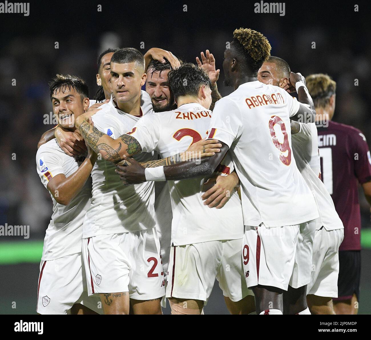 Salerno, Italy. 14th Aug, 2022. Roma's Bryan Cristante (4th, L) celebrates his goal with his teammates during a Serie A football match between Roma and Salernitana in Salerno, Italy, on Aug. 14, 2022. Credit: Str/Xinhua/Alamy Live News Stock Photo