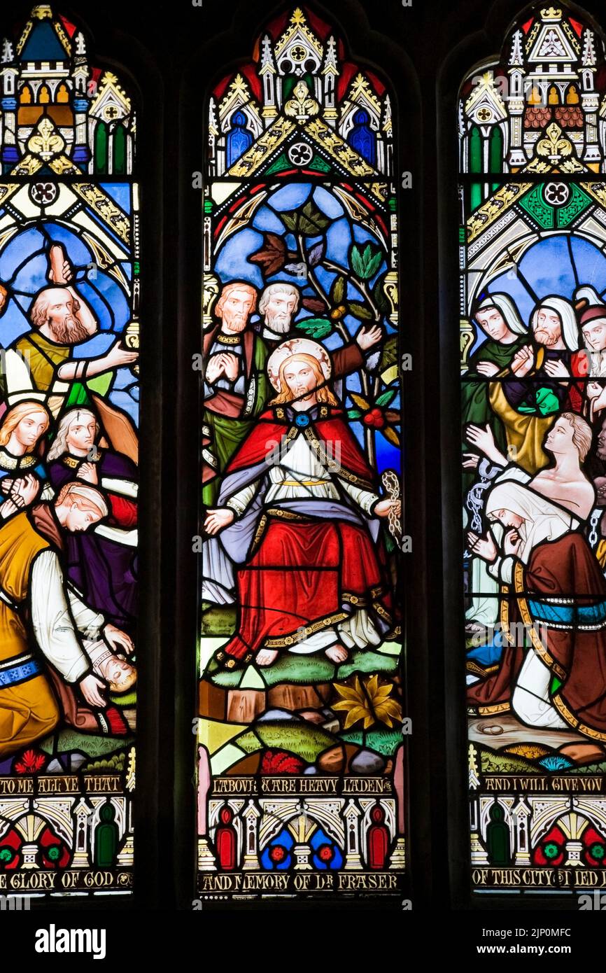 Colourful stained glass window depicting a Religious scene, Christ