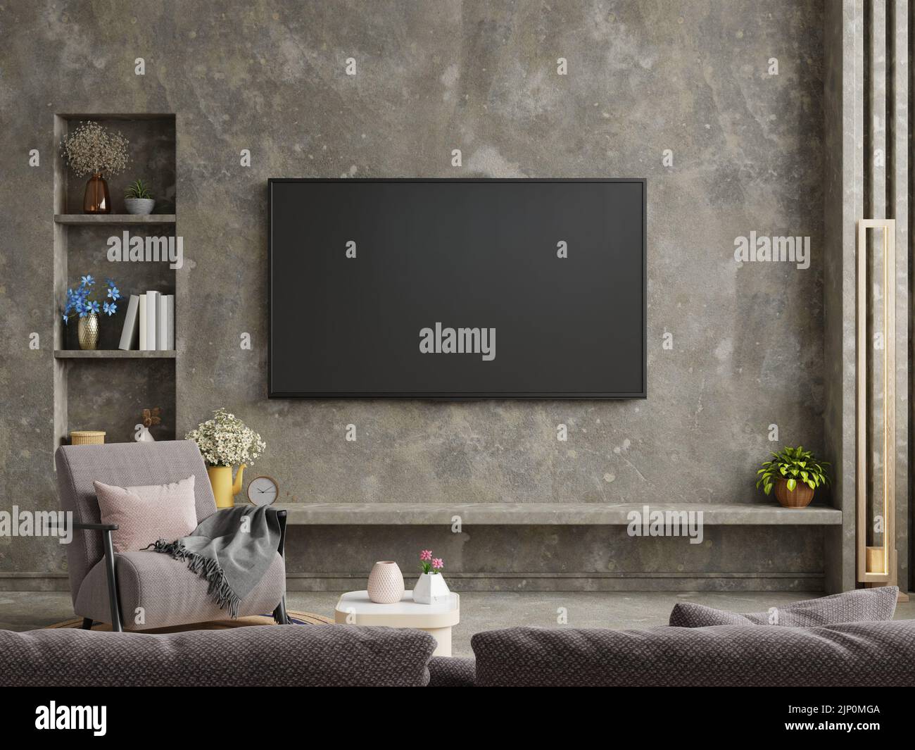 Concrete wall mounted tv on cement shelf in living room with dark brown