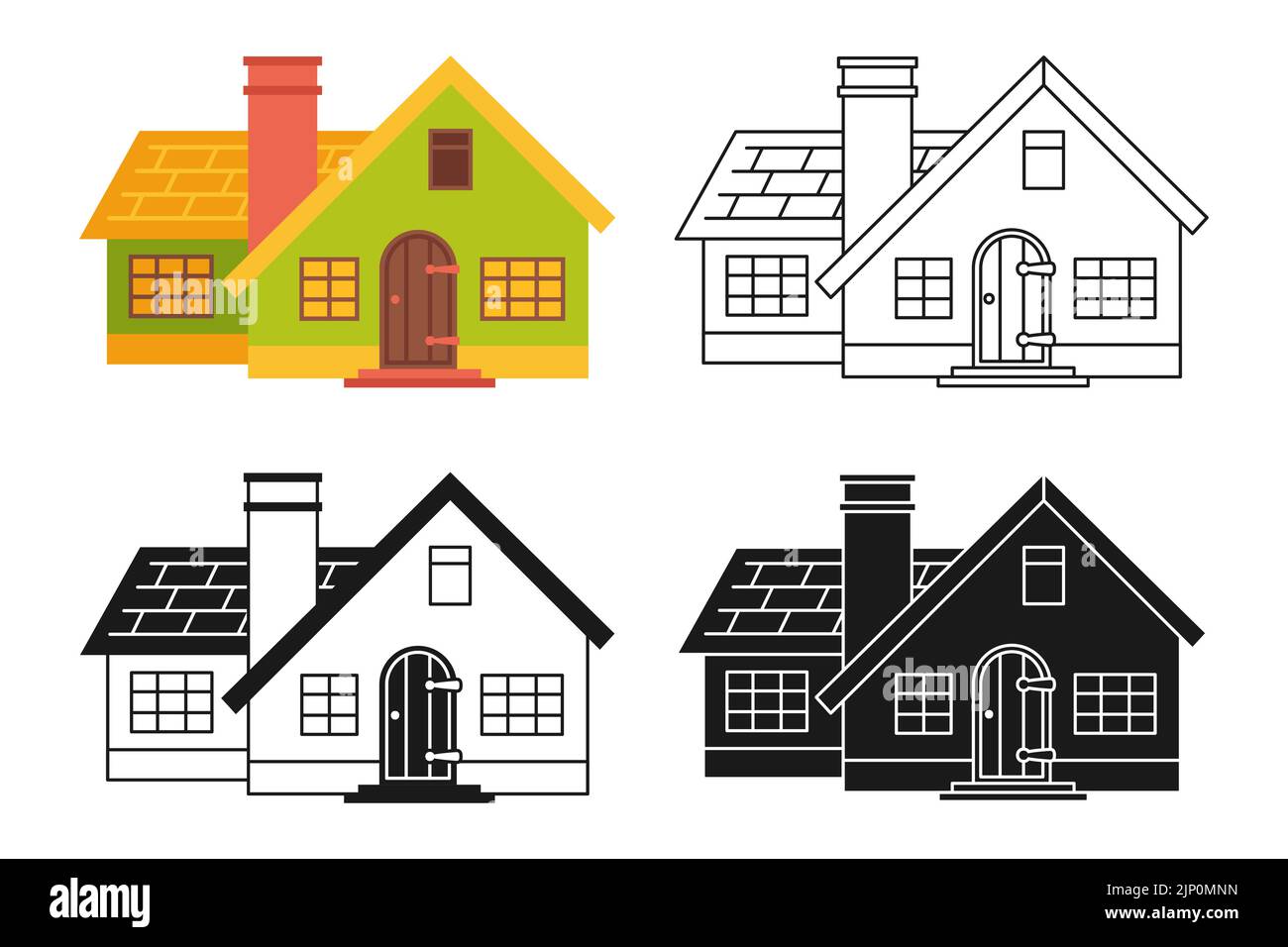 House front flat cartoon or engraved, ink stamp or linear doodle set ...