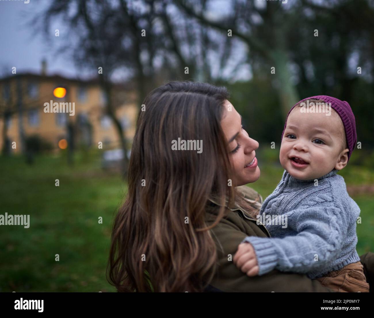 Youll forever be mommys treasure. a mother bonding with her little son outdoors. Stock Photo