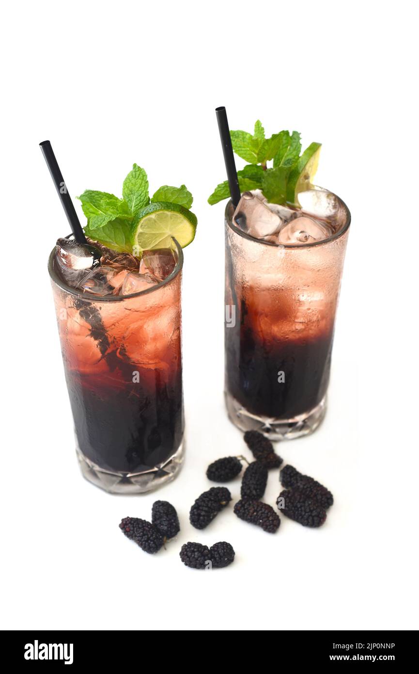 Highball mulberry wine cocktail with mulberry on white background Stock