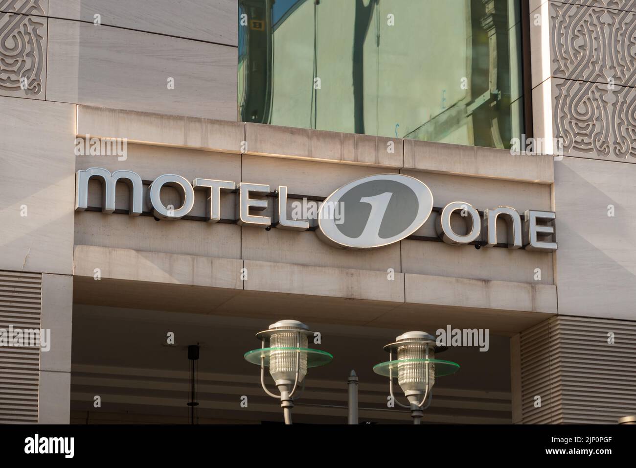 Motel One logo on a building wall. A low budget hotel chain in Germany