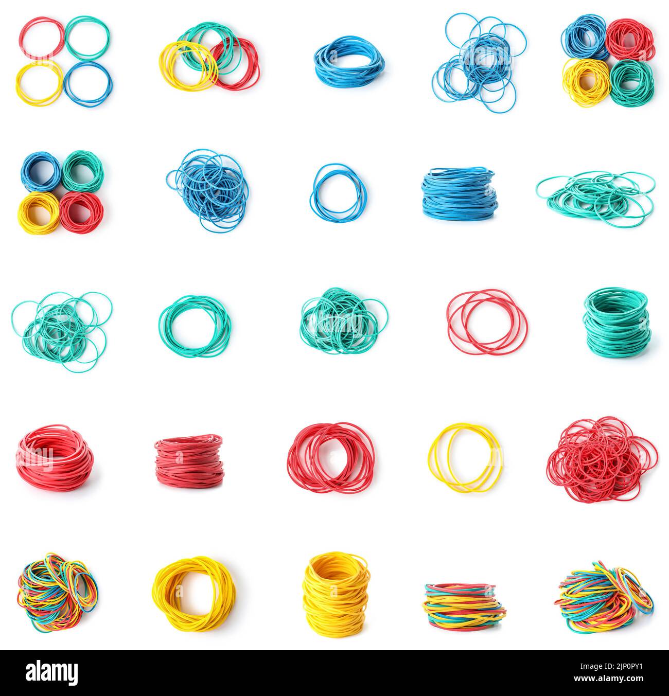 Collage of colorful rubber bands on white background Stock Photo - Alamy