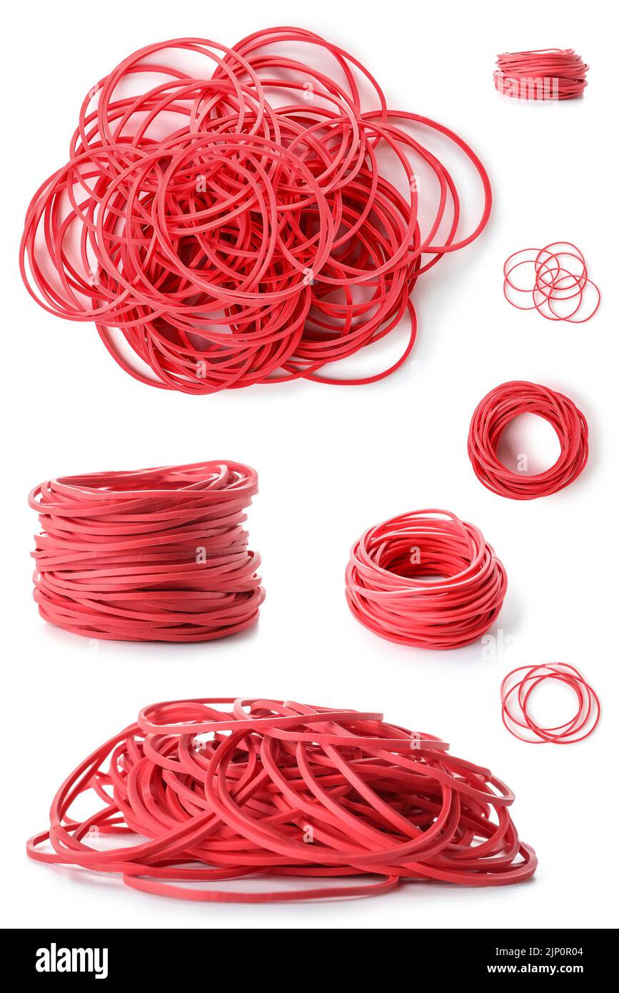 Collage of red elastic bands on white background Stock Photo Alamy