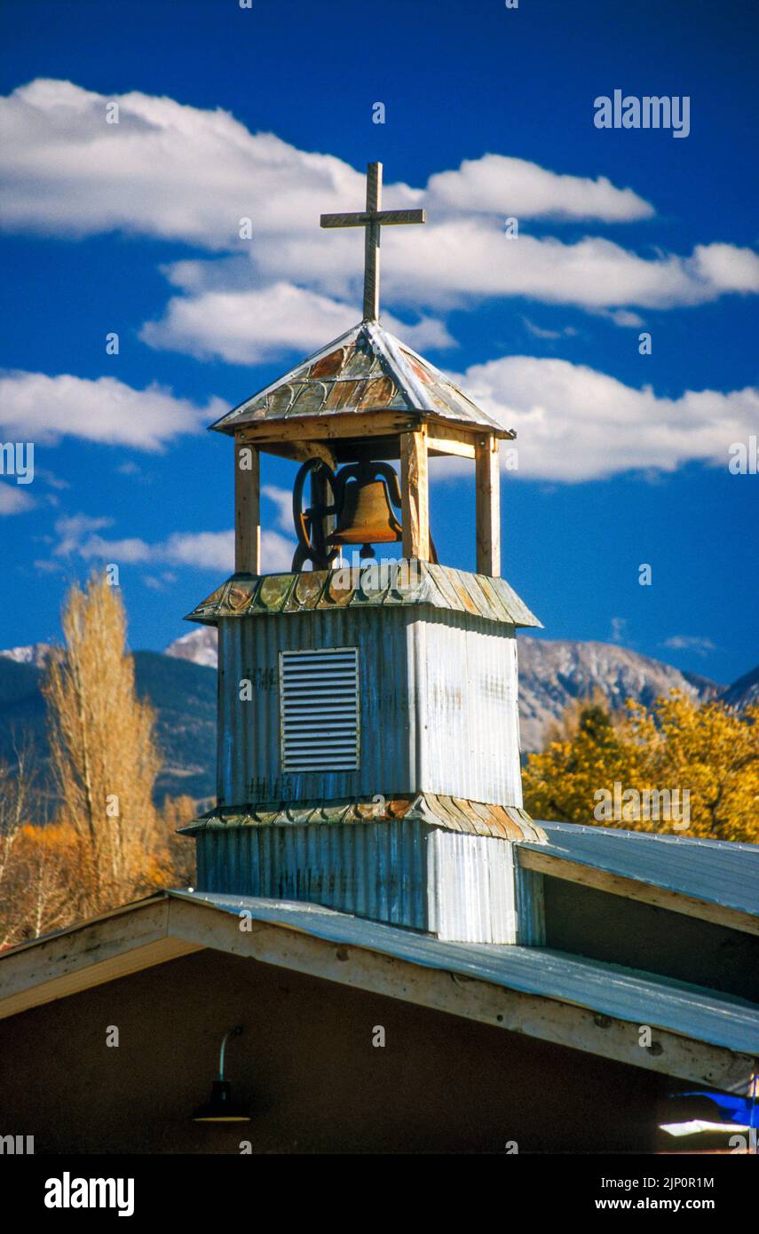 Truchas, New Mexico, USA.  Church tower on the High Road to Taos, north of Santa Fe, typical of scenes painted by Georgia O'Keeffe Stock Photo