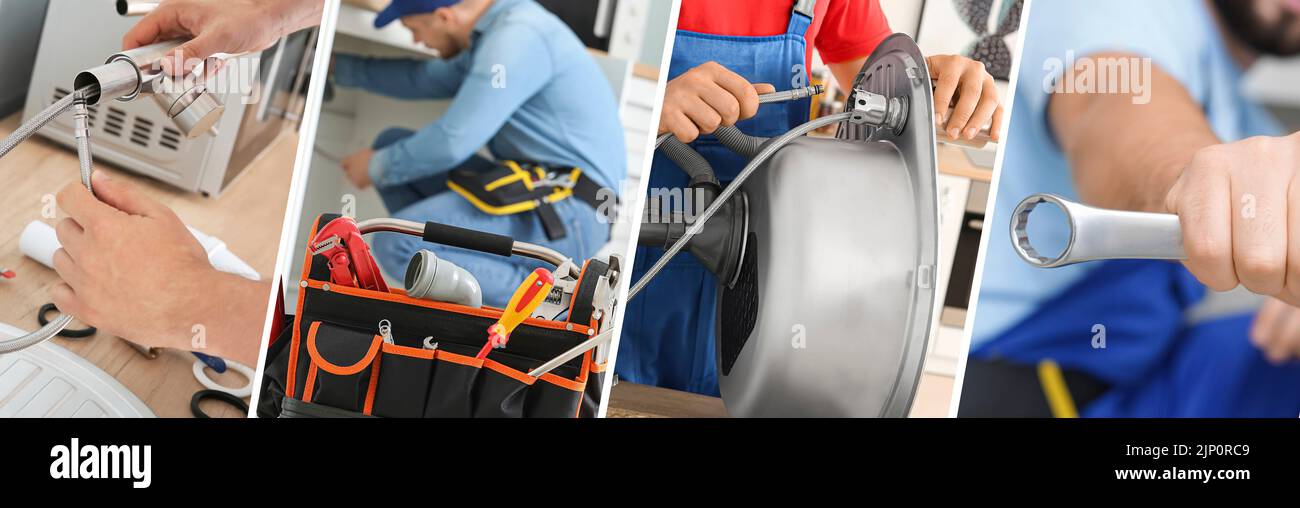 Collage with professional plumber and tools, closeup Stock Photo