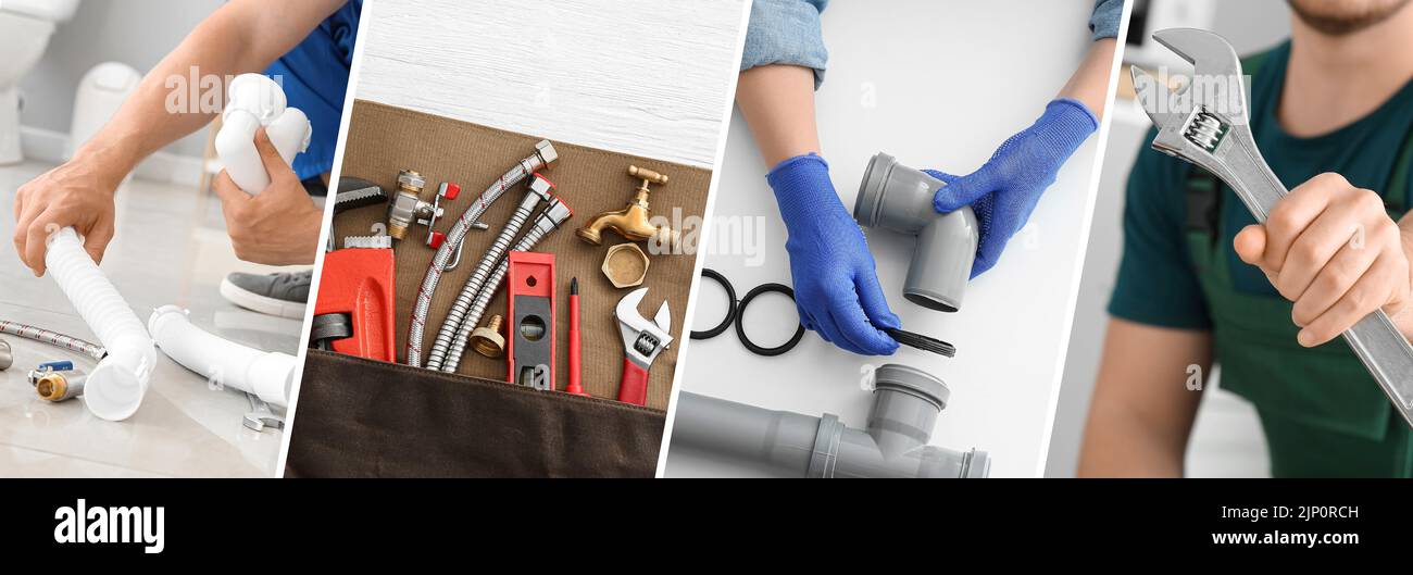 Collage with professional plumber and tools Stock Photo