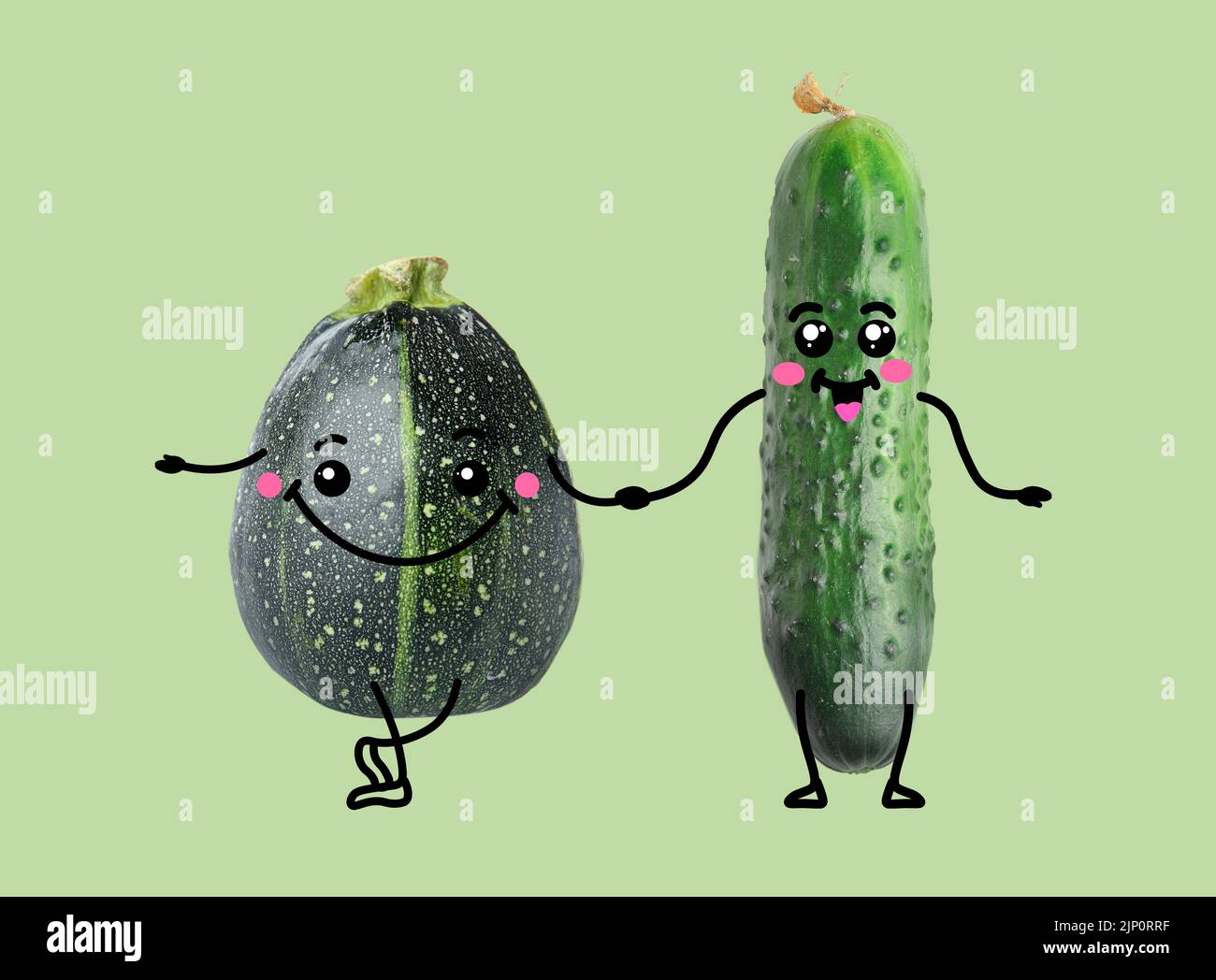 Funny cucumber and squash on green background Stock Photo