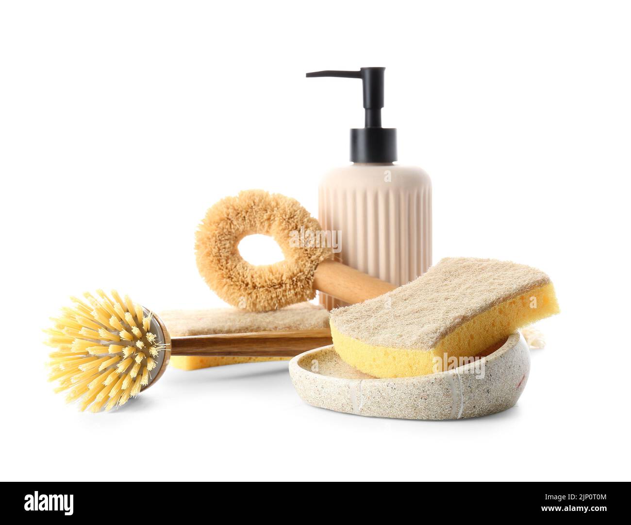 Pump bottle and cleaning supplies on white background Stock Photo Alamy