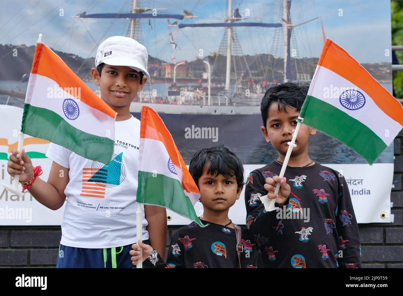 London, UK, 14th August, 2022. The Indian diaspora in London enthusiastically welcomed the arrival of Indian Navy Sail Training Ship, 'Tarangini' ahead of India's 75th Independence Day, which falls on the 15th August. The ship berthed in Canary Wharf, is one of seven Indian vessels that sailed to different cities worldwide to mark the occasion.  Credit: Eleventh Hour Photography/Alamy Live News Stock Photo