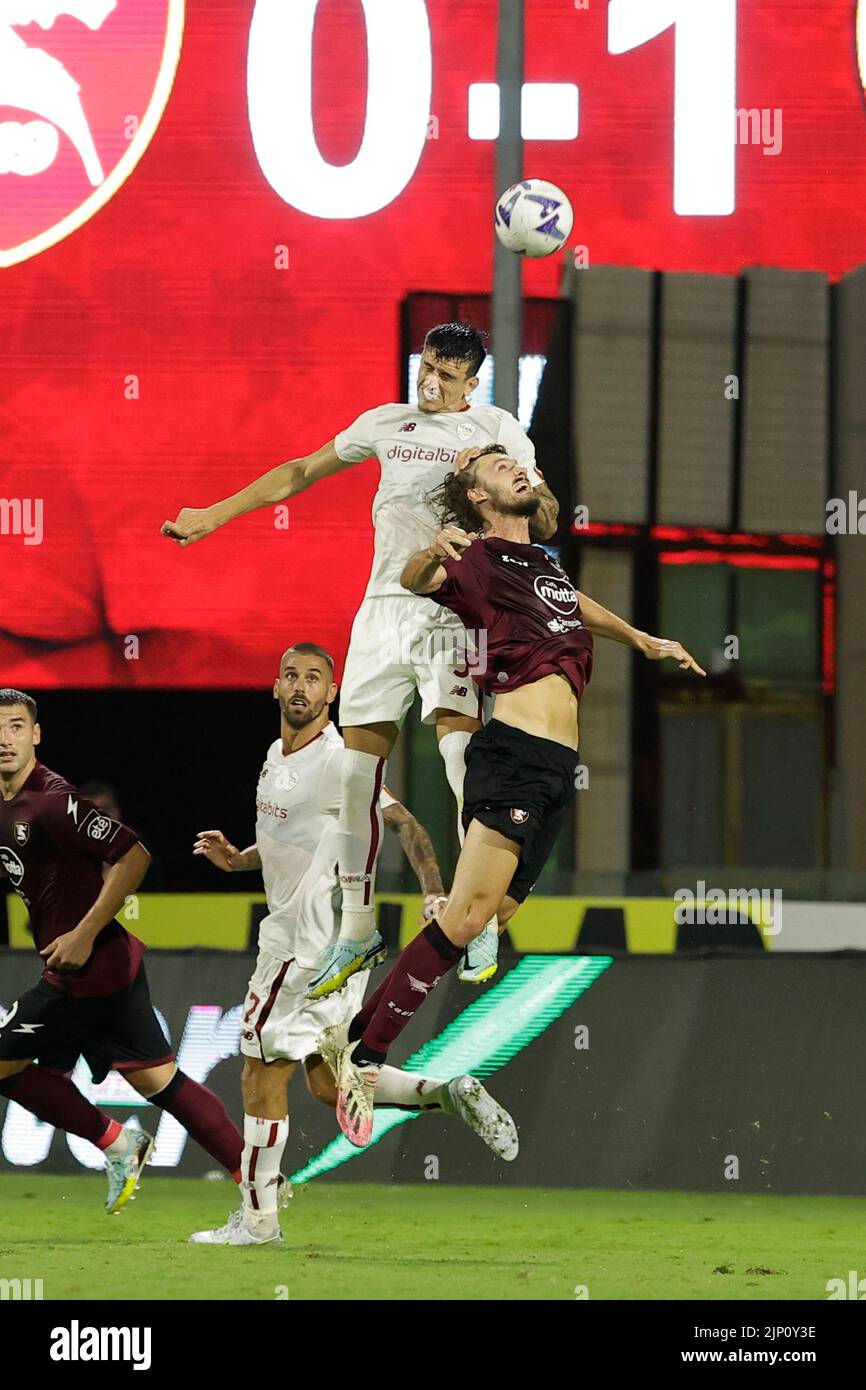 Salerno, Italy. 14th Aug, 2022. Juliat Kristoffersen of Salernitana Roger Ibanez da Silva of AS Roma during US Salernitana vs AS Roma, italian soccer Serie A match in Salerno, Italy, August 14 2022 Credit: Independent Photo Agency/Alamy Live News Stock Photo