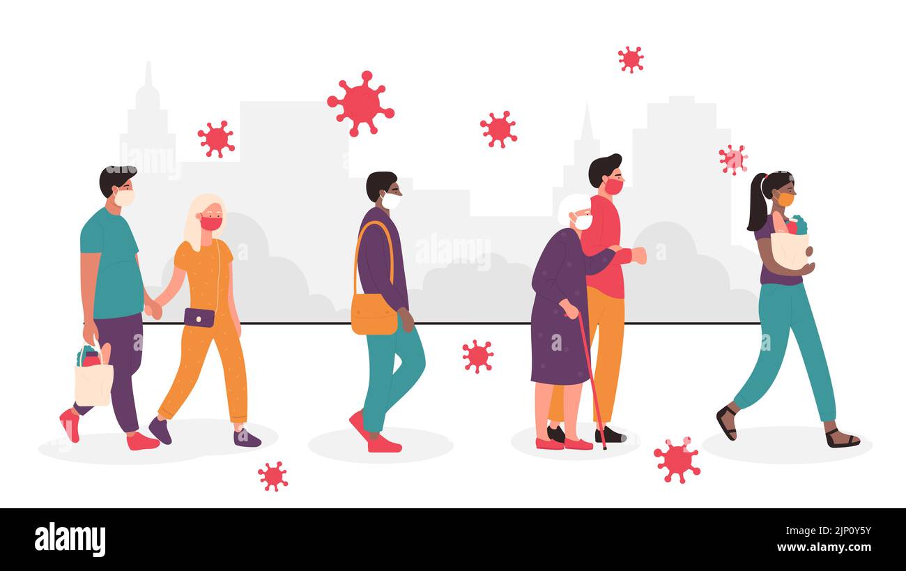 Crowd of people in medical masks on faces walk at distance on abstract city street. Cartoon diversity group of characters protecting health from respiratory viruses attack flat vector illustration Stock Vector