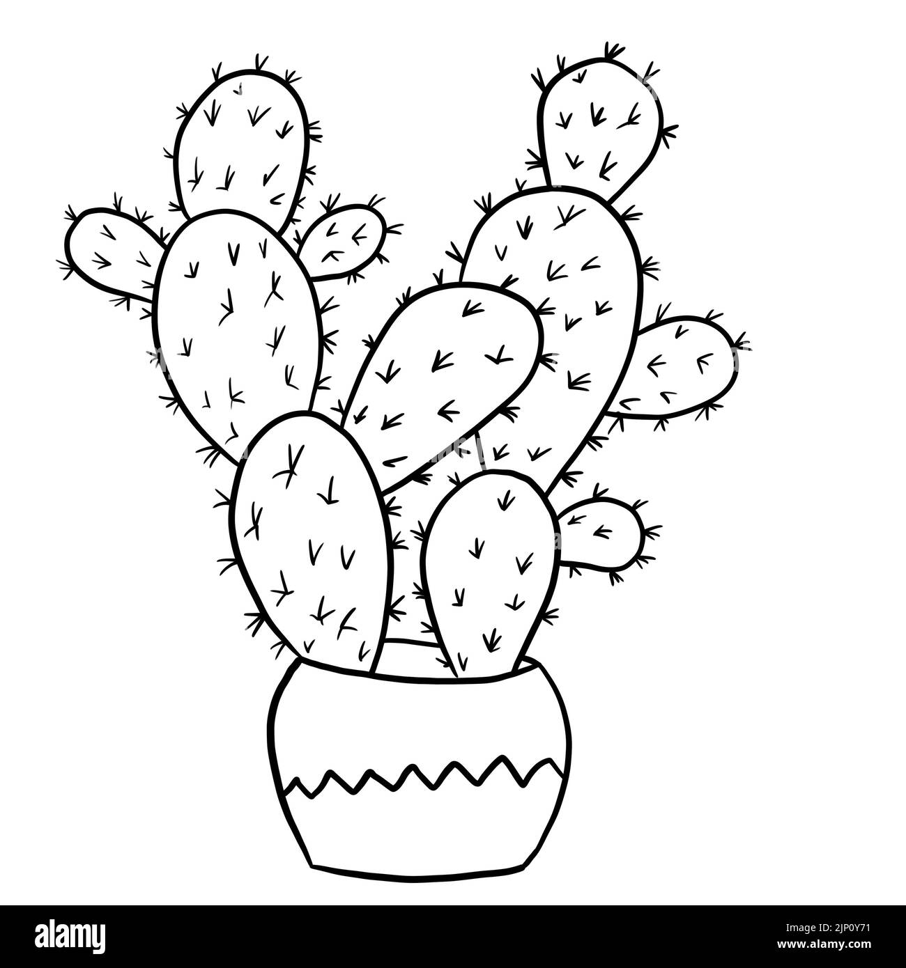 Cactus succulent in a pot in black line outline cartoon style. Mexican desert cacti, houseplants flowers plant for interrior design in simple minimalist design, plant lady gift Stock Photo