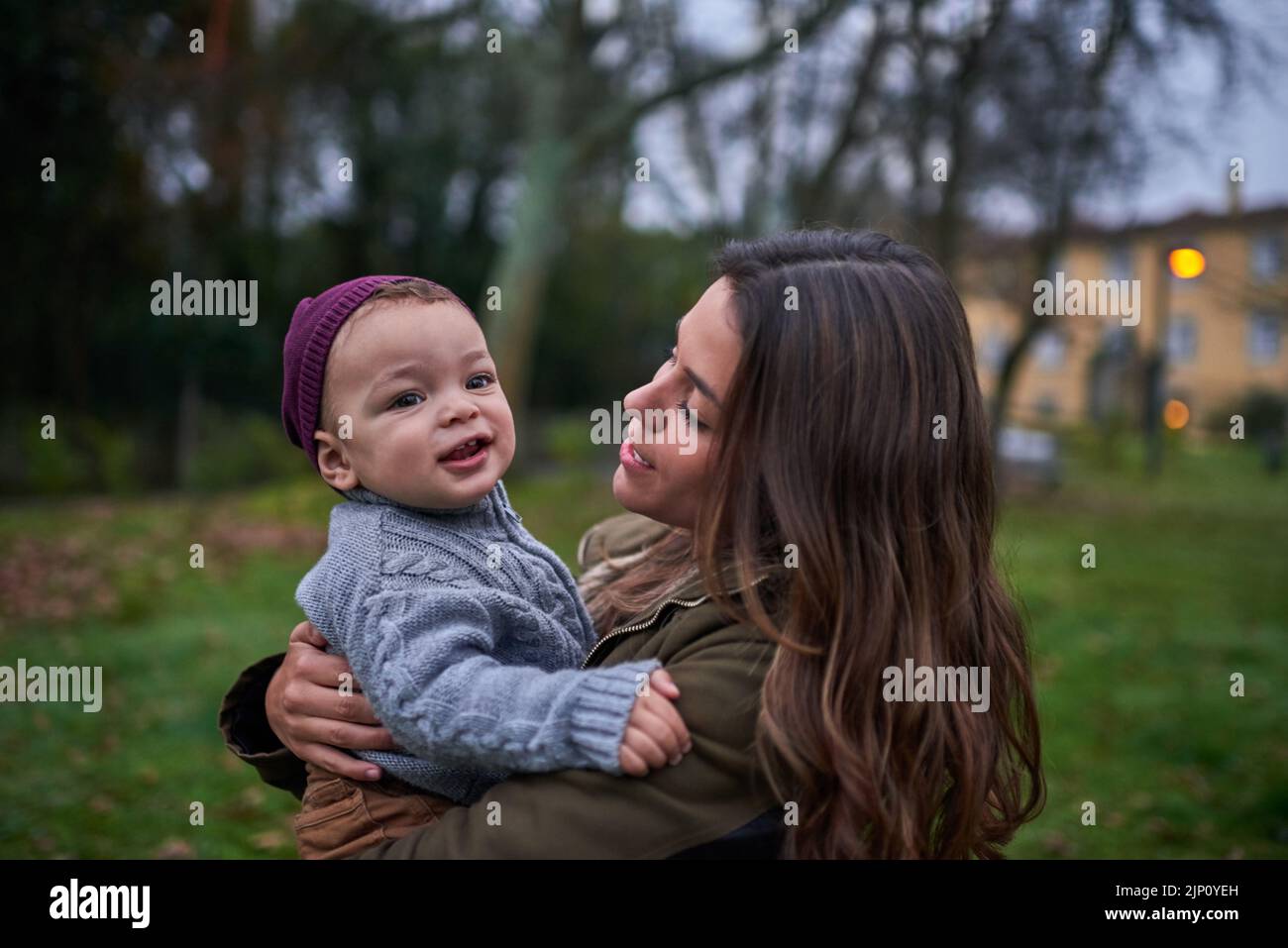 Youve brought tons of joy into mommys life. a mother bonding with her little son outdoors. Stock Photo