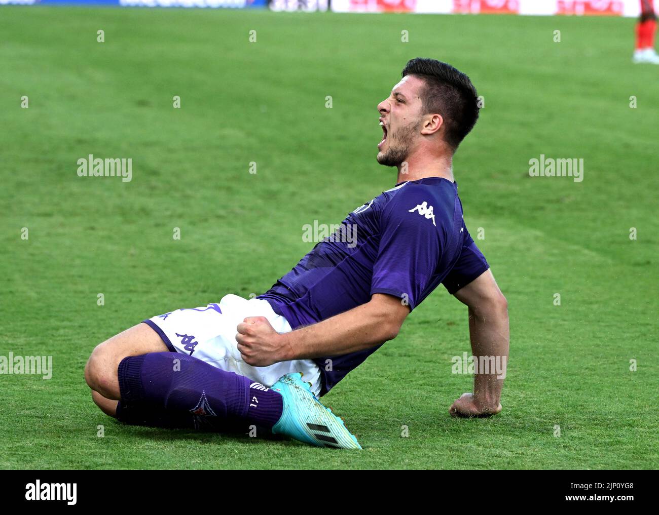 Florenc, Italy. 14th Aug, 2022. Fiorentina's Luka Jovic celebrates his goal during a Serie A football match between Fiorentina and Cremonese in Florence, Italy, on Aug. 14, 2022. Credit: Alberto Lingria/Xinhua/Alamy Live News Stock Photo