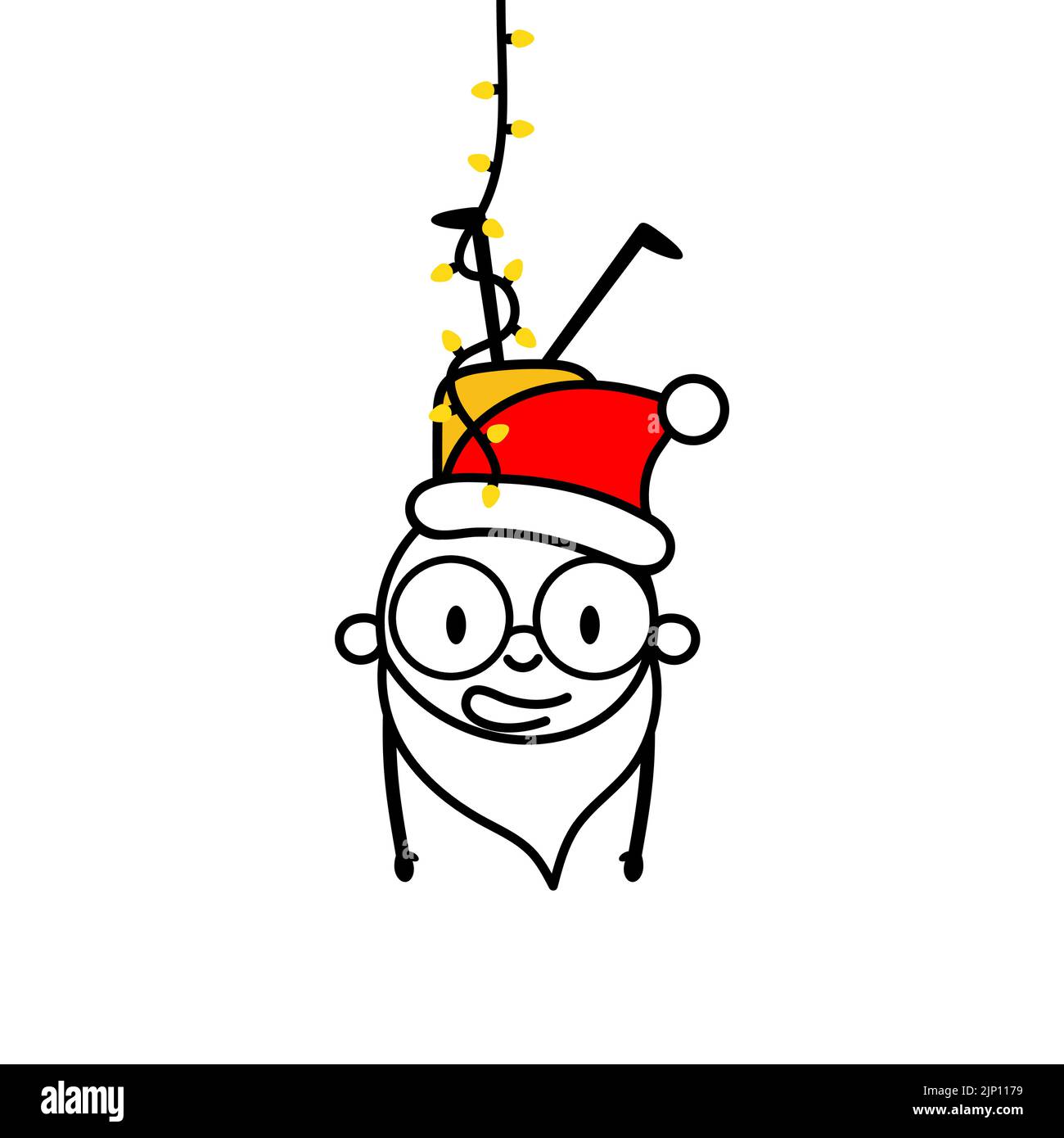 Man with a Santa hat and a white beard hangs from a garland. Cartoon