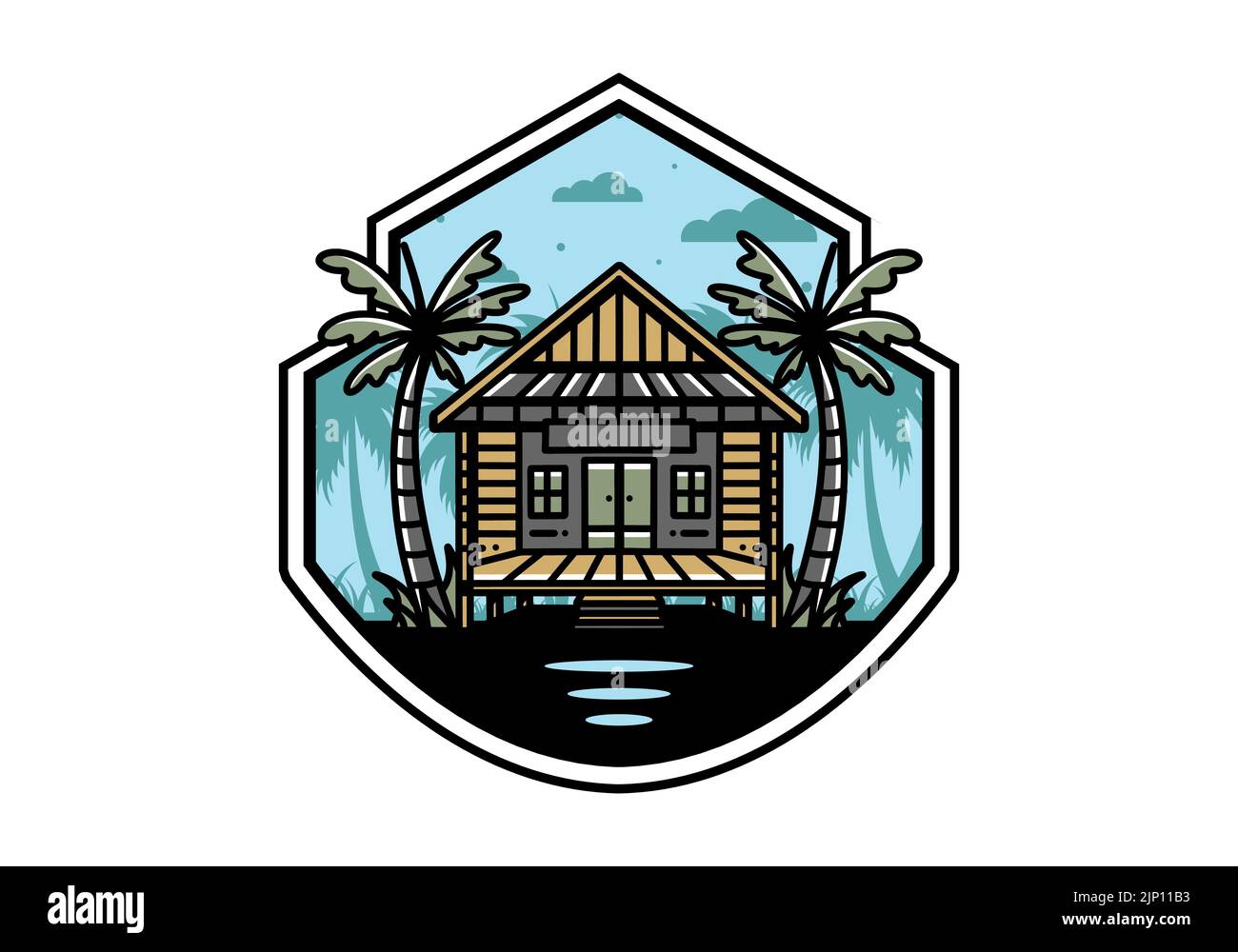 illustration badge design of a Wood house on the beach Stock Vector